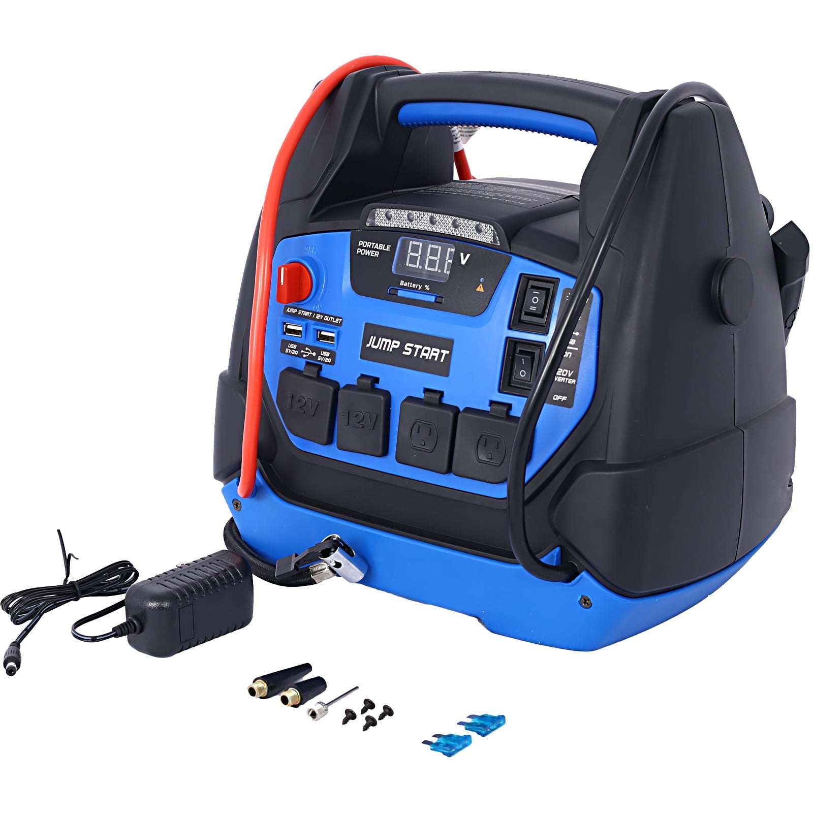 Rechargeable Jump Starter for Gas Diesel Vehicles – 1800 Amps with Air Compressor and AC, 12V DC, USB Power Station