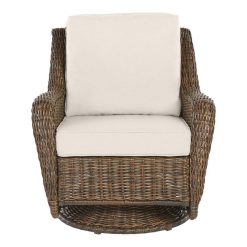 Hampton Bay Cambridge Brown Wicker Outdoor Patio Swivel Rocking Chair with CushionGuard Almond Tan Cushions