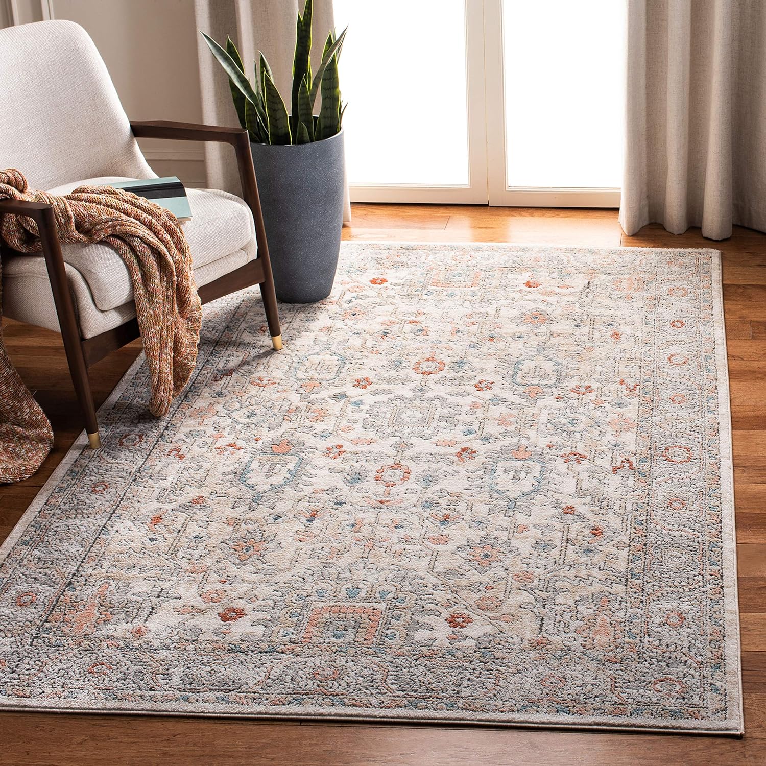SAFAVIEH Oregon Collection ORE877F Oriental Distressed Non-Shedding Living Room Bedroom Dining Home Office Area Rug, 8′ x 10′, Grey / Ivory