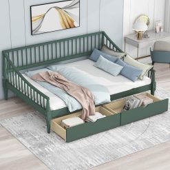Full Size Wooden Daybed with 2 Storage Drawers and Wood Support Legs, Multi-Functional Full Day Bed wtih Rails on 3 Sides for Bedroom, Living Room and Guestroom, Green