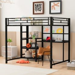 Full Size Metal Loft Bed with Desk, Whiteboard and 3-layer Shelves, Heavy Duty Loftbed w/Storage and Built-in Ladder, for Kids Teens Bedroom Dorm, Black